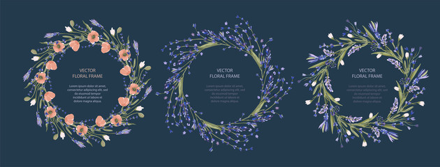 Wreath vector frame floral card set. Greeting template collection in a flat style. Circle wedding or birthday romantic background with poppy and lavender.