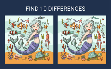 Mermaid sea illustration. Find 10 differences. Educational funny game for children. Puzzle for children, kid. Print and play. Cartoon vector illustration.