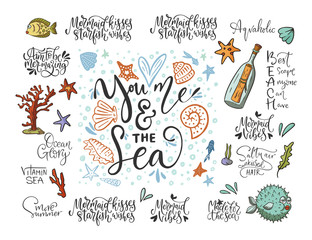 Summer sea lettering big vector set. Ocean quotes and clip art collection. Perfect for t shirt, card print design. Graphic nautical marine theme illustration. You, me and the sea.