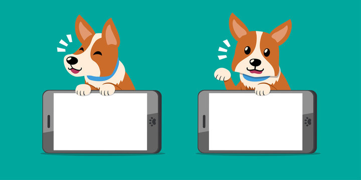 Cartoon character cute corgi dog and smartphones for design.