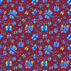 Blue butterflies on the dark red background seamless pattern, hand drawn butterflies, wall paper, children textile print, scrapbooking, insects ornament