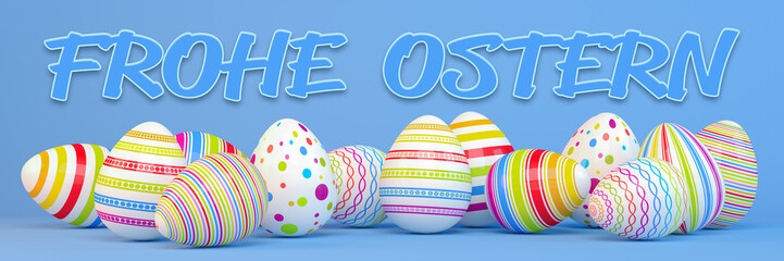 3d Illustation - Frohe Ostern - 13 farbenfrohe, bemalte Ostereier auf blauen Hintergrund - Text - Oster