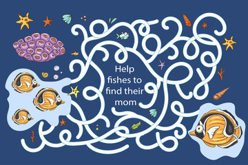 Educational funny game for children. Labyrinth puzzle for kid. Print and play. Cartoon vector illustration. Sea fish underwater summer art.