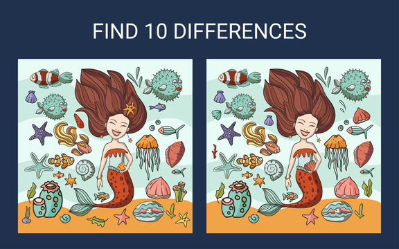 Mermaid sea illustration. Find 10 differences. Educational funny game for children. Puzzle for children, kid. Print and play. Cartoon vector illustration.