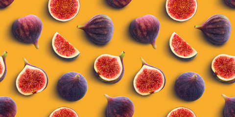 Fresh figs seamless pattern on yellow color background, flat lay, top view