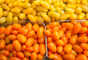 background of closeup orange and yellow tomatoes