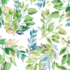 Watercolor hand painted botanical leaves and branches illustration seamless pattern, wallpaper, wrapping paper