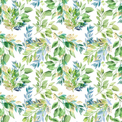 Fototapeta premium Watercolor hand painted botanical leaves and branches illustration seamless pattern, wallpaper, wrapping paper