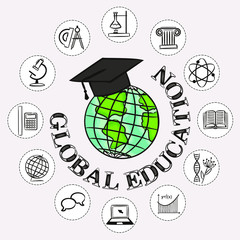 Planet earth in a masters cap and science icons around. Hand-drawn logo for global education. A vector illustration on the subject of study, school, college, institute or university.