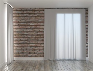 An empty room with a brick wall and panoramic windows behind the curtains. 3D rendering.
