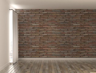 An empty room with a brick wall. Panoramic window with a curtain. Parquet floor. 3D rendering.