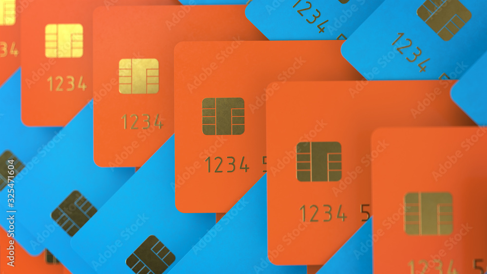 Poster 3d render of the orange and blue credit cards with grid structure with gold detail embossing and dep