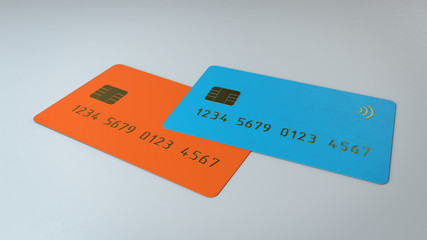 3d render of the orange and blue credit cards lay on a white background with gold detail embossing.
