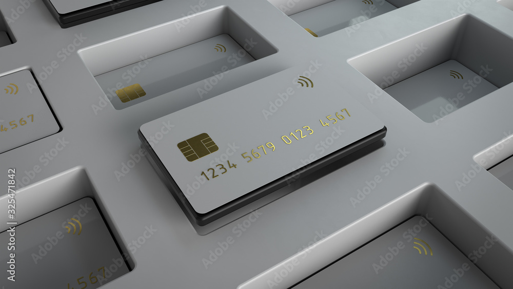 Poster 3d render of the white credit cards with grid structures isolated on a white background with gold de