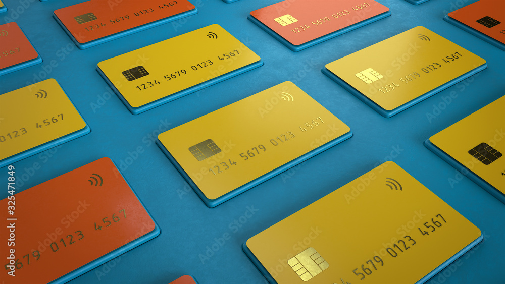 Poster 3d render of the orange and yellow credit cards with grid structures isolated on a blue background w