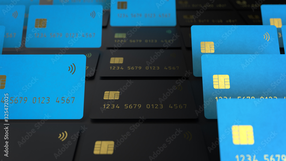 Poster 3d render of the blue and black credit cards with grid structures isolated on a black background wit