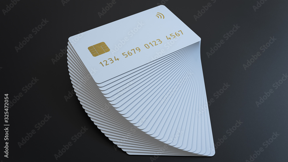 Poster 3d render stack of white credit cards on a black background with depth of field.