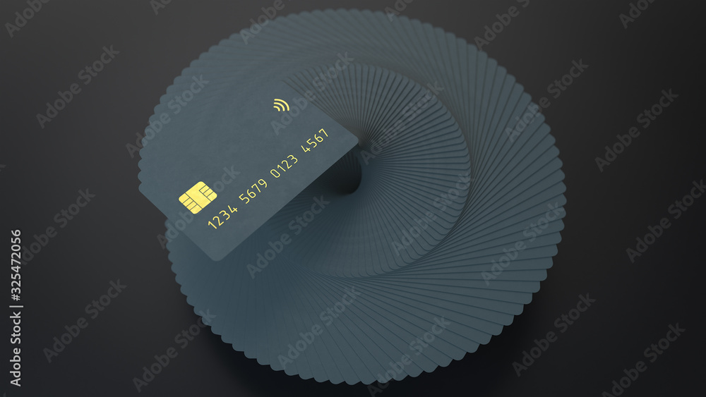 Poster 3d render stack of grey credit cards on a black background with depth of field.