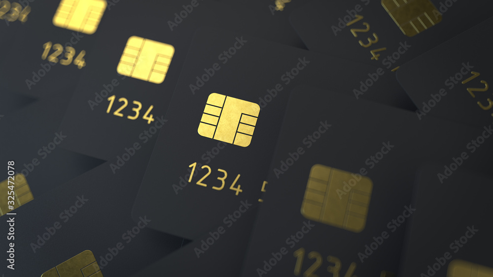 Poster 3d render of the black credit cards with grid structure isolated on a black background with gold det