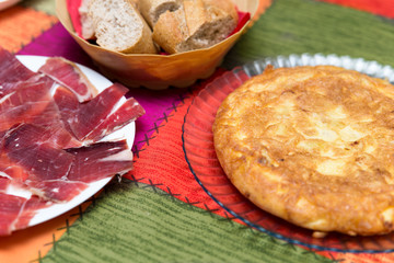 typical Spanish food.Iberian ham and potato omelette
