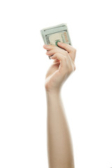 American dollars cash money in male hand isolated on white background. US Dollars 100 banknote