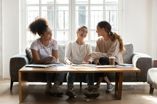 Diverse Girls Friends Laughing Chatting Take Break During Study Process