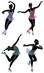 Collection. Skater skates on ice. The girl is beautiful and slender. Lady athlete, figure skater. Vector illustration of a set.