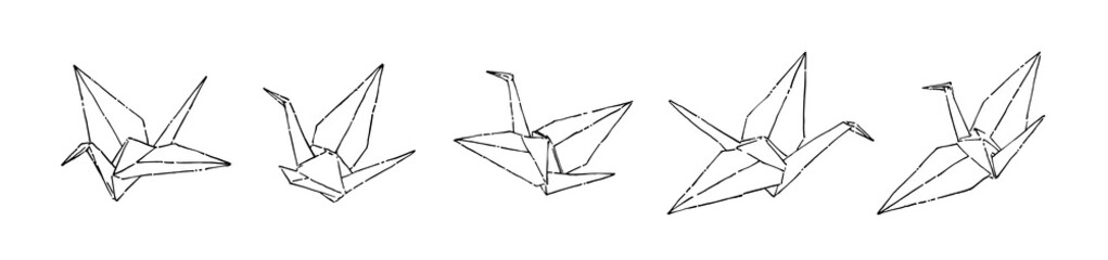 Hand drawn paper cranes set, ink drawing sketch vector illustration, black isolated origami on white background