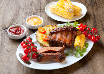 Plated Grilled Pork Ribs and Corn