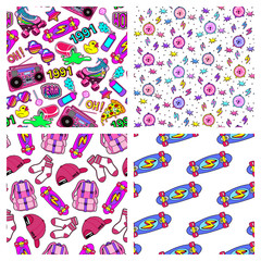 Set of 4 fun seamless patterns with colorful elements from the nineties. Back to school style backgrounds with patches, badges, pins, stickers in 90s comic style: rollerblades, socks, skates, alarm cl