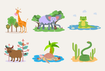 Animals elephant, giraffe, crocodile, turtle, snake and yak. Colorful vector illustration