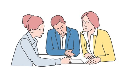 Business people discussing work. Hand drawn style vector design illustrations.