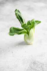 One Fresh green baby Pak choi (chinese cabbage) on white background. Fresh, green vegetable, close-up shot. Healthy lifestyle theme, kitchen scene. Copy space. Minimalism concept for design.