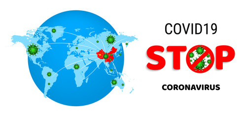 MERS-Cov (middle East respiratory syndrome coronavirus), Novel coronavirus COVID-19 (2019-nCoV). Blue world map with red China. Spread of the virus on the planet. Vector illustration