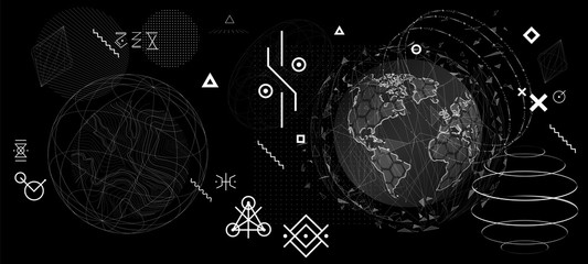 Abstract shapes and futuristic minimal elements spheres and astronomical bodies. Set of neo memphis geometric shapes. Blackboard with alchemical enigmatic symbols. Vaporwave style, Vector set