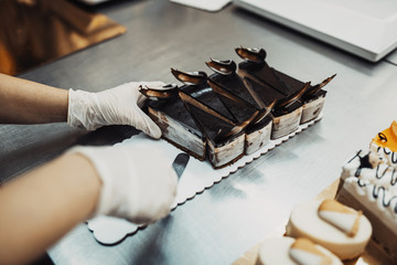 Professional confectioner working making and decorating delicious sweets. .