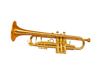 One gold colored trompet isolated on a white background.