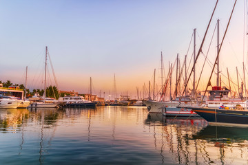 Fototapeta na wymiar Yachts docked in the Marina at sunset, Palma, Spain