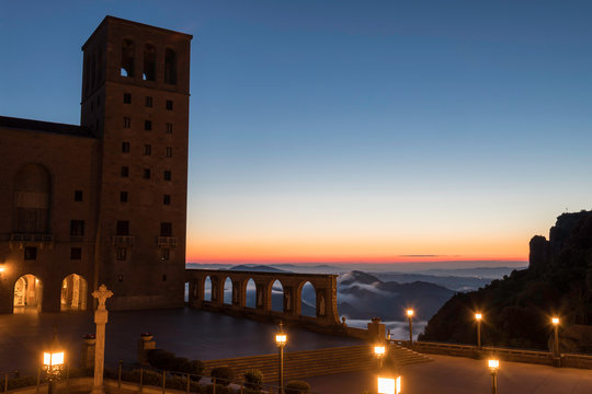 Bell tower of the monastery of Montserrat, Spain at sunrise