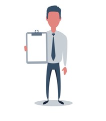 Businessman or clerk. Male character in trendy simple style with objects, flat vector illustration. Business concept. Isolated on white background.