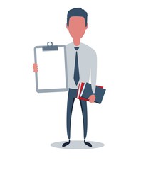 Businessman or clerk. Male character in trendy simple style with objects, flat vector illustration. Business concept. Isolated on white background.