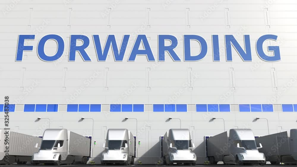 Aufkleber trailer trucks at warehouse loading dock with forwarding text. 3d animation
