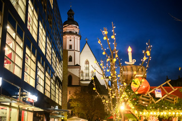 Thomaskirche St. Thomas Church in evening light. Leipzig, Germany. November 2019