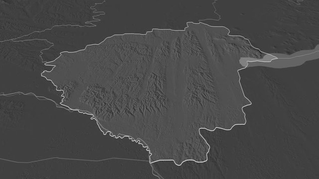 Zala, county with its capital, zoomed and extruded on the bilevel map of Hungary in the conformal Stereographic projection. Animation 3D