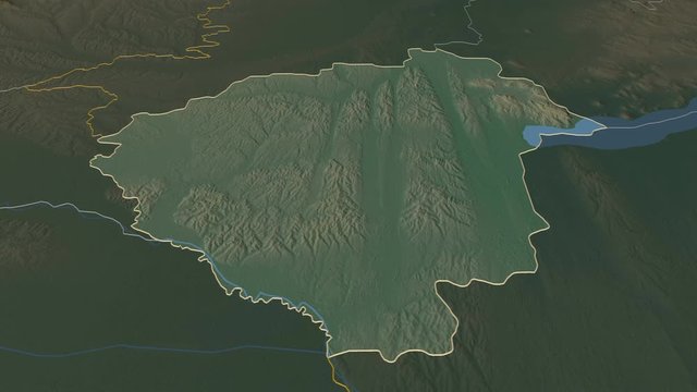Zala, county with its capital, zoomed and extruded on the relief map of Hungary in the conformal Stereographic projection. Animation 3D