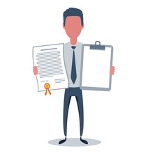 Businessman or clerk. Male character in trendy simple style with objects, flat vector illustration. Business concept. Isolated on white background.