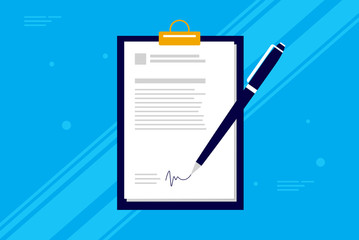 Business contract signing - Pen signing a contract on clipboard with blue background. Simple corporate vector illustration. - obrazy, fototapety, plakaty