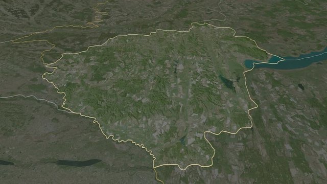 Zala, county with its capital, zoomed and extruded on the satellite map of Hungary in the conformal Stereographic projection. Animation 3D