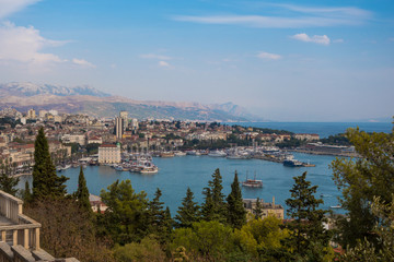 Fototapeta na wymiar Harbor of Split with mountains in the background, Croatia