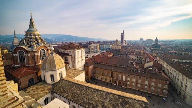 Turin, Torino, aerial skyline panorama with the Alps in the background. Italy, Piemonte, Turin.Sunny day with lights. Torino, piedmont, Italy. timelapse video